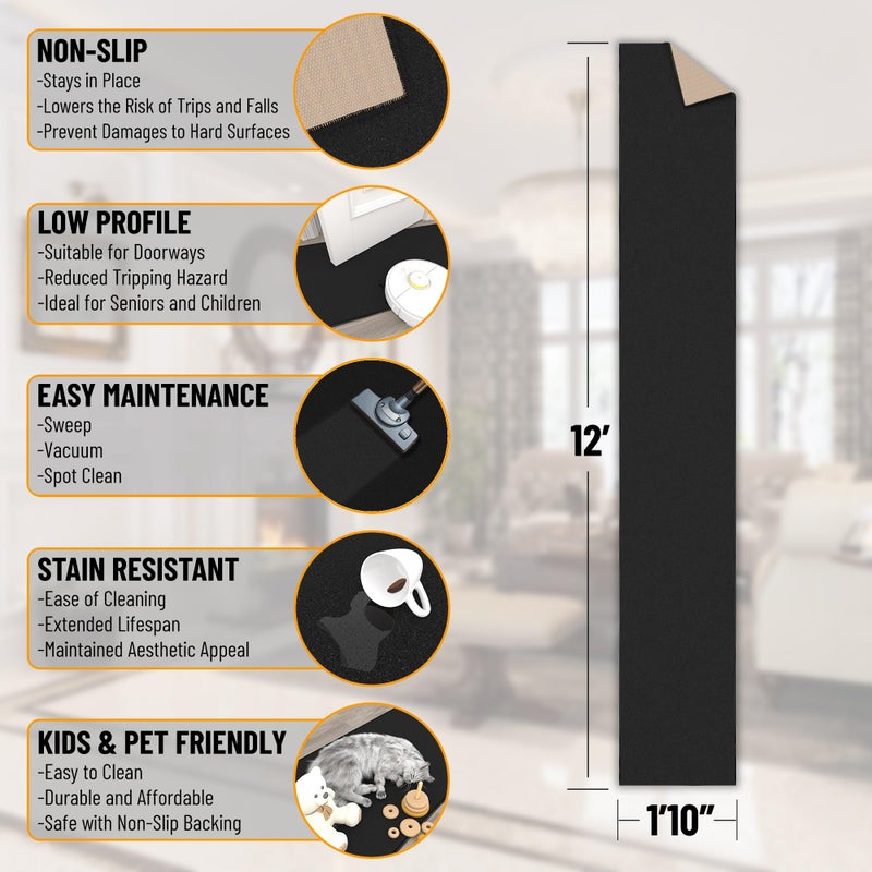 Ottomanson Hallway Runner Rug 1'10" x 12' Non Slip Solid Area Rugs Easy to Clean Laundry Rug Runner Durable & Pet Friendly Floor Carpet Runners for Hallways Entryway Living Room Kitchen, Black - Image 2